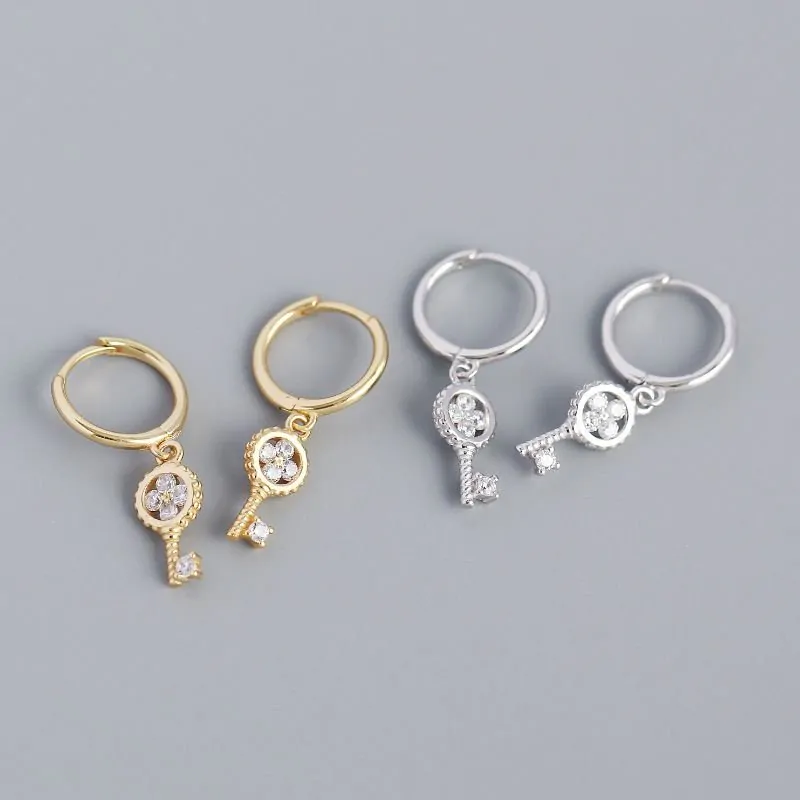 Four Leaf Clover Key 925 Sterling Silver Hoop Earrings - Image 5