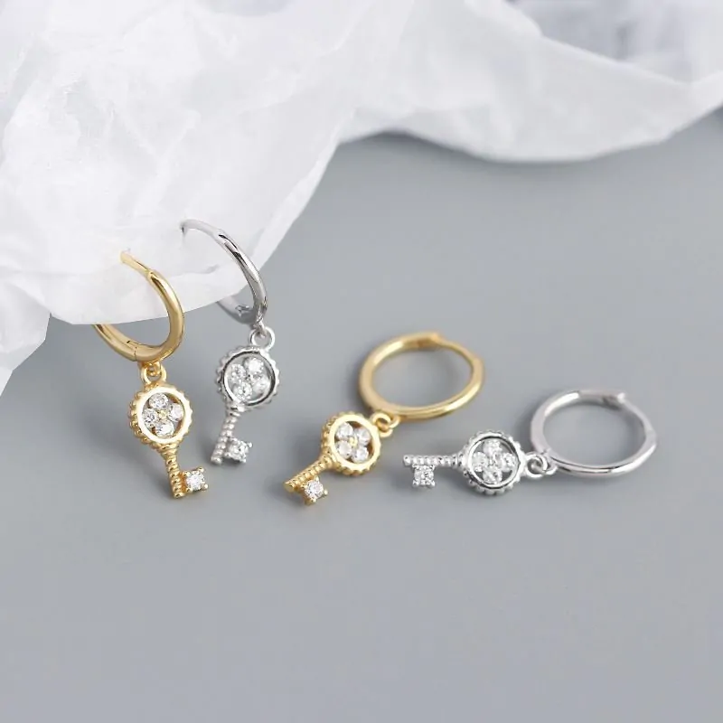 Four Leaf Clover Key 925 Sterling Silver Hoop Earrings - Image 2