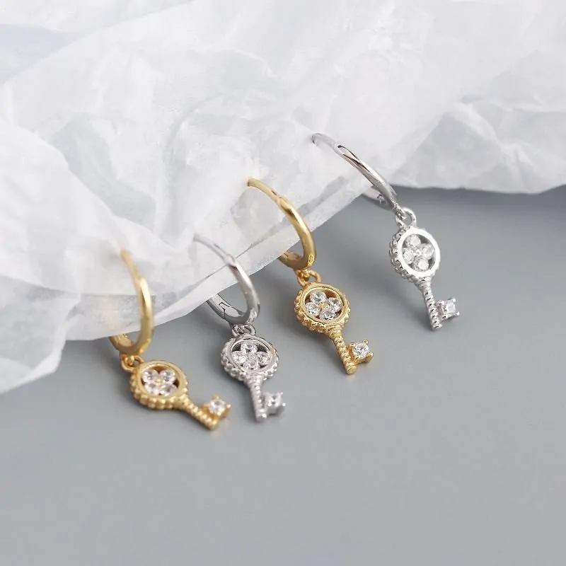 Four Leaf Clover Key 925 Sterling Silver Hoop Earrings - Image 3