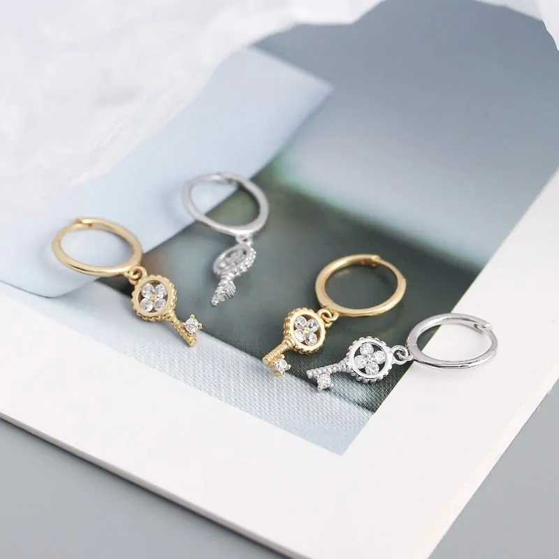 Four Leaf Clover Key 925 Sterling Silver Hoop Earrings - Image 4