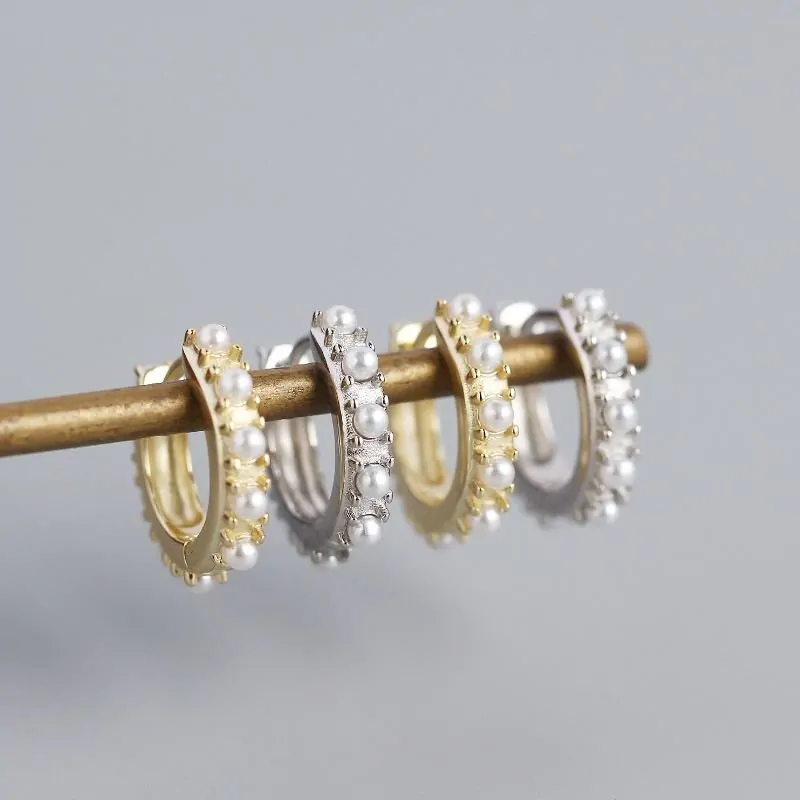 Mini Shell Pearls 925 Sterling Silver Huggie Hoop Earrings - Image 2