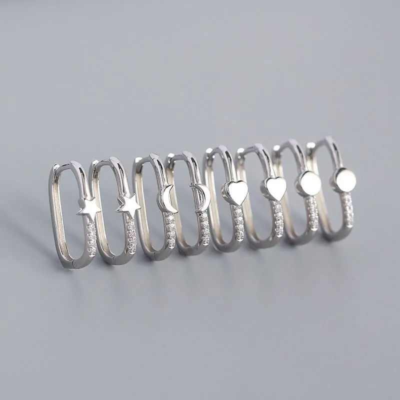 Girl Heart CZ Star Crescent Moon 925 Sterling Silver Hoop Earrings - Image 3