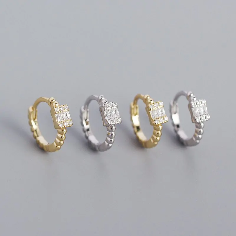 CZ Rectangle Geometric 925 Sterling Silver Huggie Hoop Earrings - Image 2