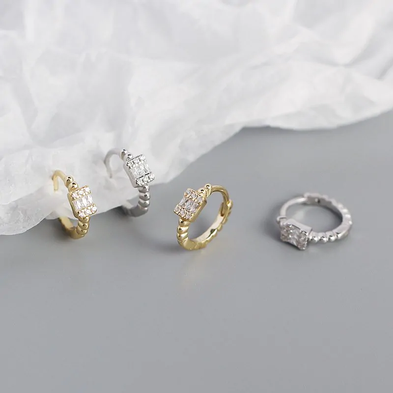 CZ Rectangle Geometric 925 Sterling Silver Huggie Hoop Earrings - Image 3