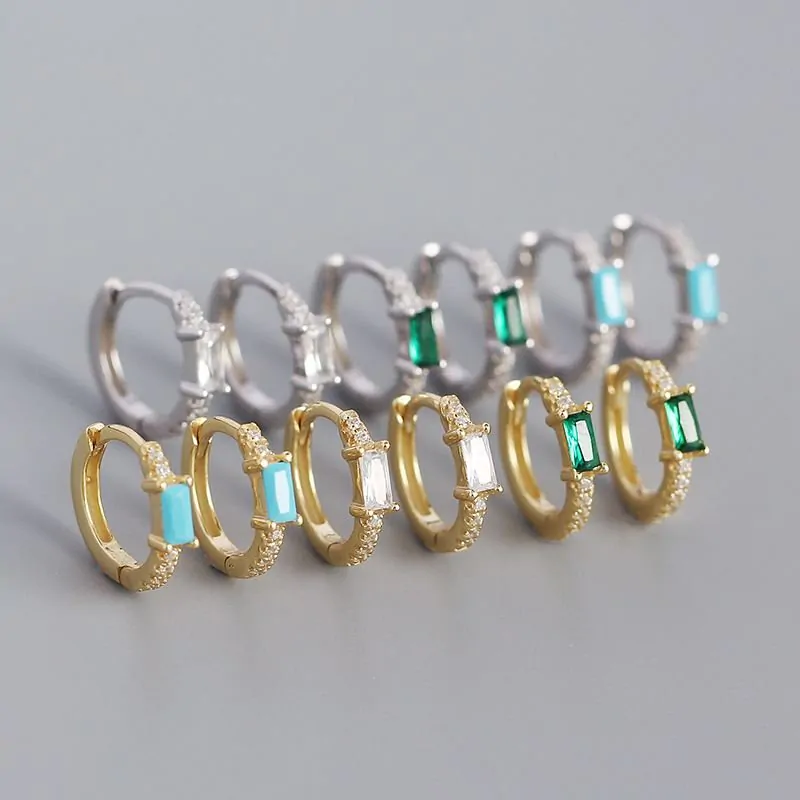 Rectangle CZ Geometric 925 Sterling Silver Huggie Hoop Earrings - Image 2