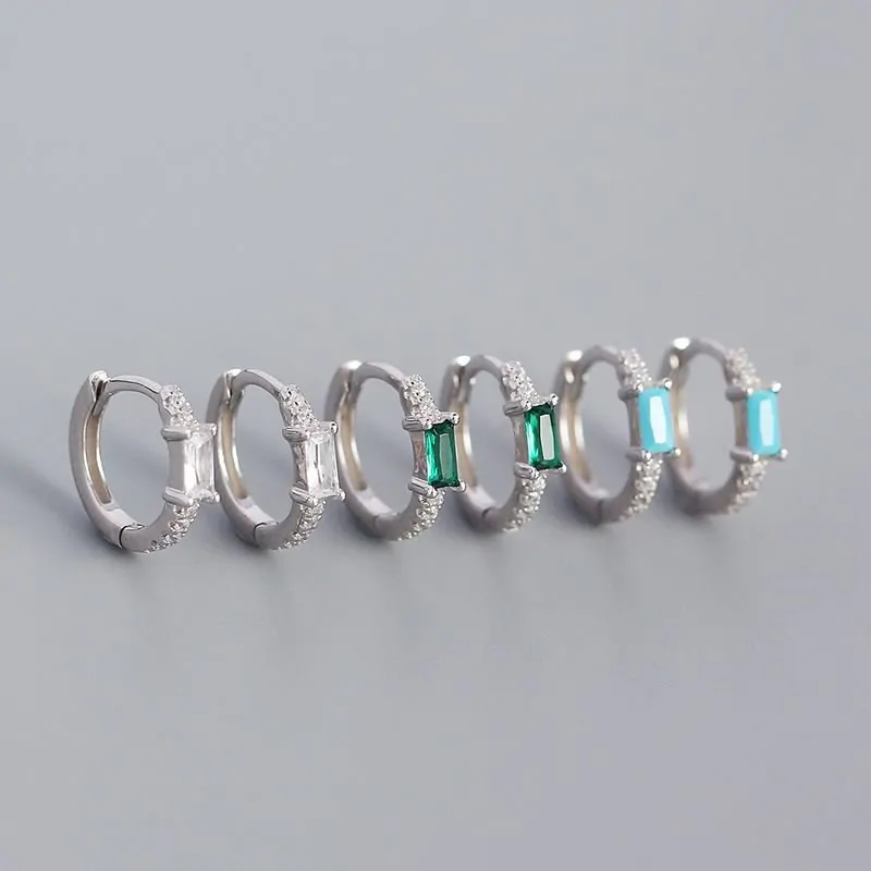Rectangle CZ Geometric 925 Sterling Silver Huggie Hoop Earrings - Image 3