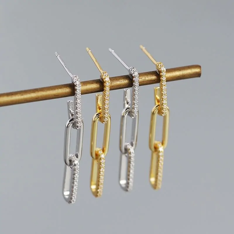 CZ Hollow Chain 925 Sterling Silver Dangling Earrings - Image 3