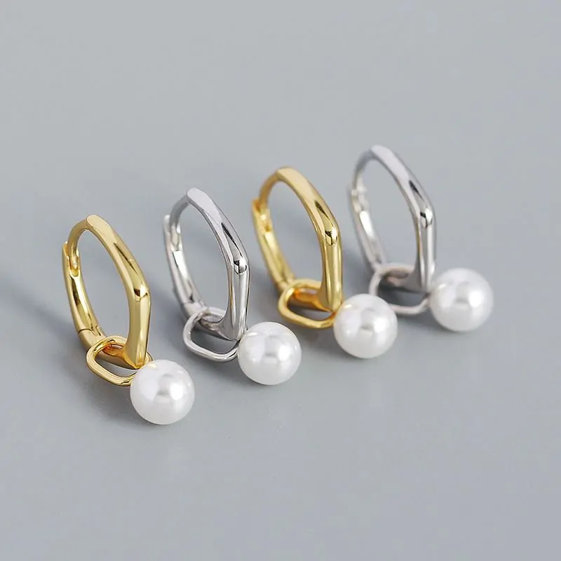 Geometric Shell Pearl 925 Sterling Silver Hoop Earrings - Image 4