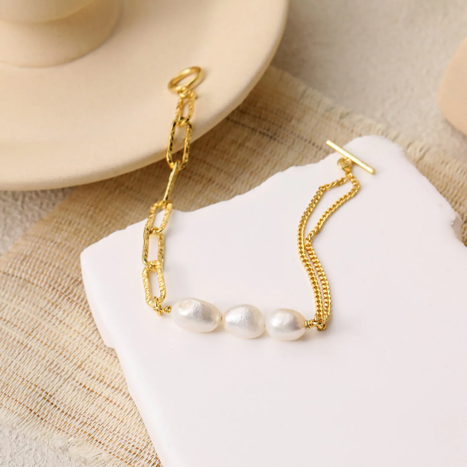 Asymmetric Hollow Chain Baroque Natural Pearl 925 Sterling Silver Bracelet - Image 4