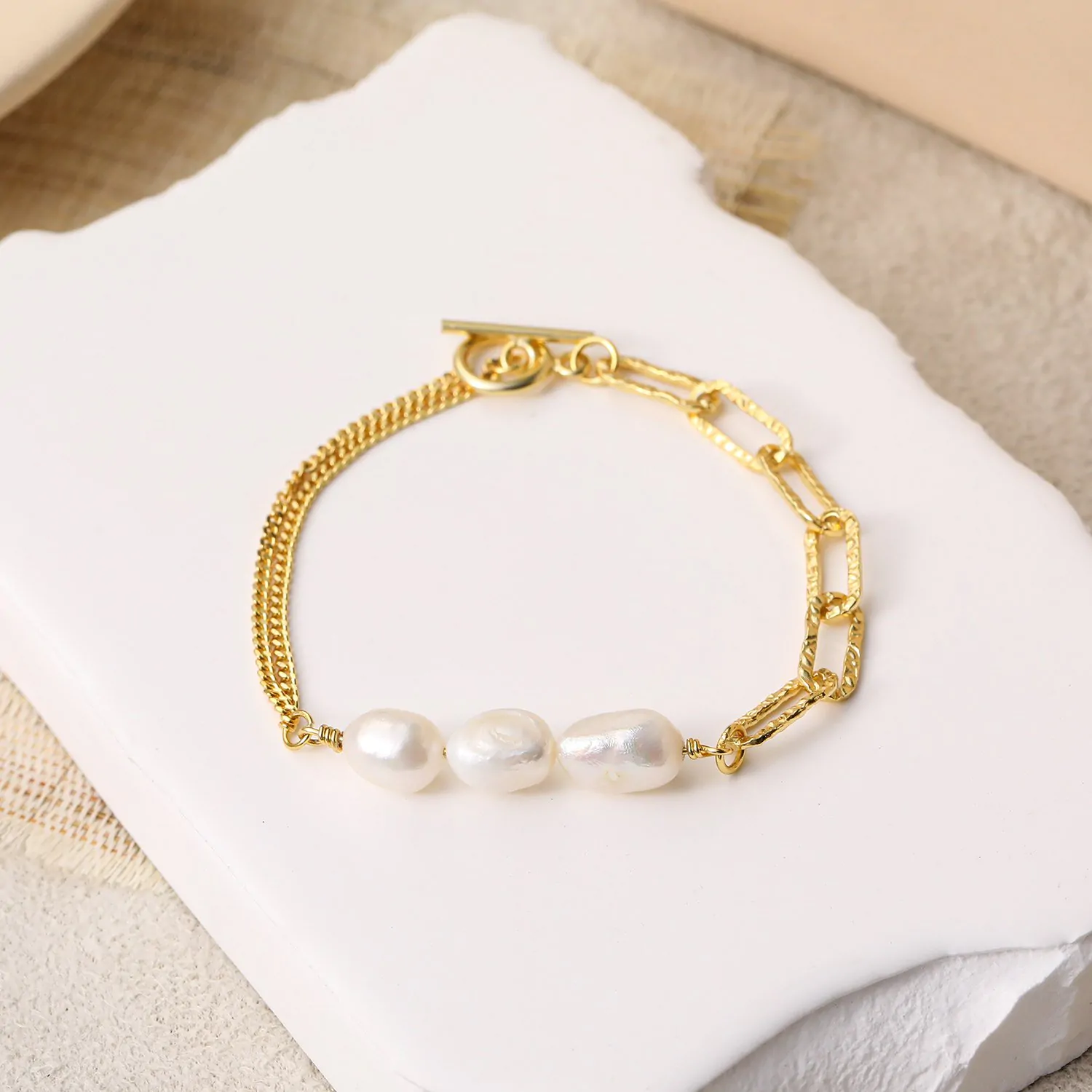 Asymmetric Hollow Chain Baroque Natural Pearl 925 Sterling Silver Bracelet - Image 3