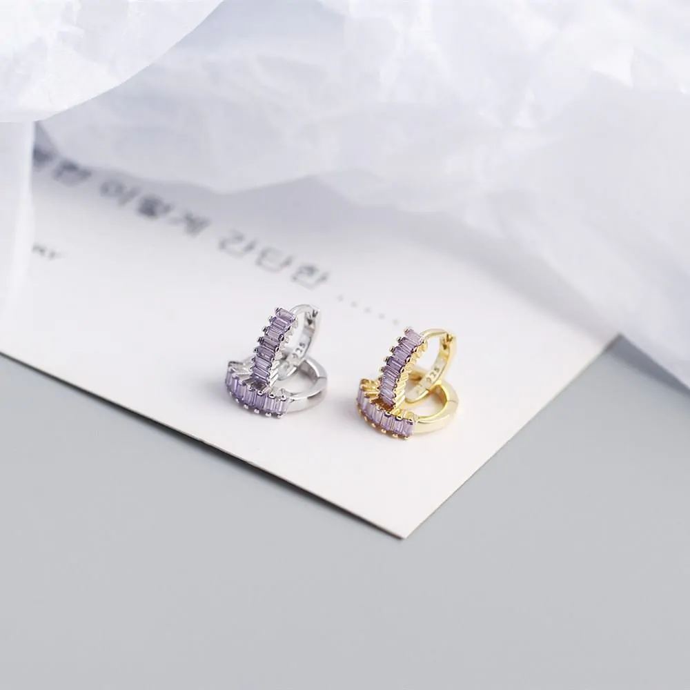 Geometric Rectangle CZ Circle 925 Sterling Silver Hoop Earrings - Image 5