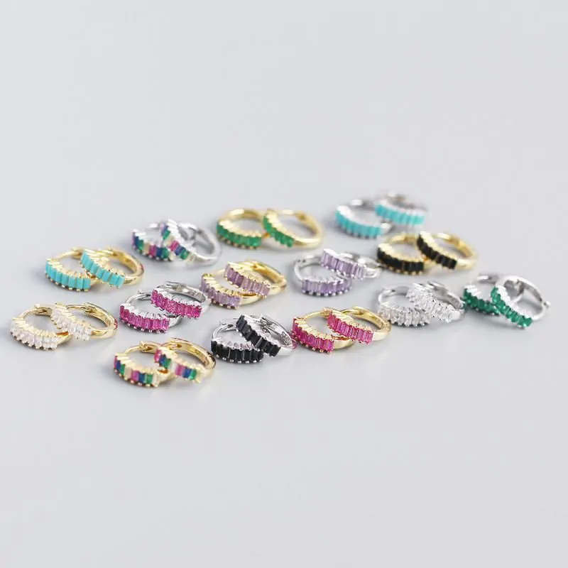 Geometric Rectangle CZ Circle 925 Sterling Silver Hoop Earrings - Image 8