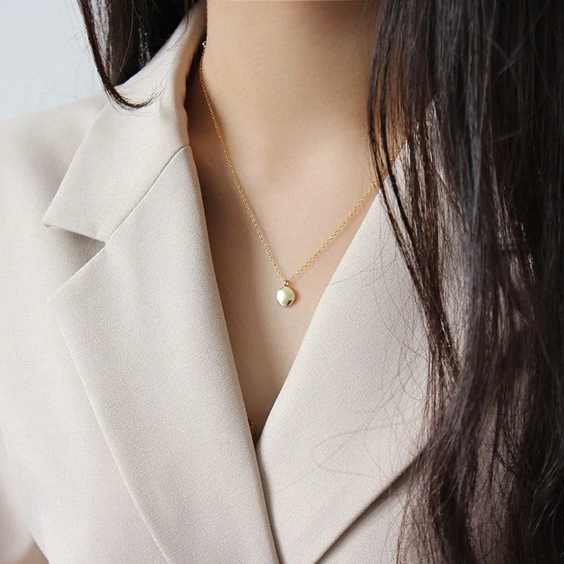 Minimalist Geometric Round Bean 925 Sterling Silver Necklace - Image 4