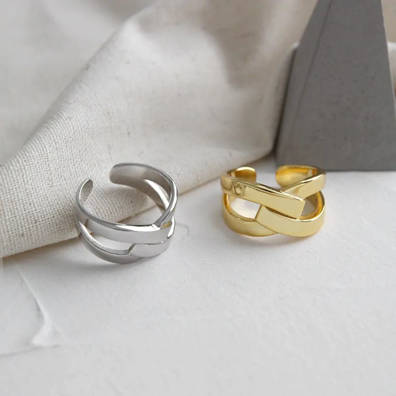 X Shape Wide Cross 925 Sterling Silver Adjustable Ring - Image 2