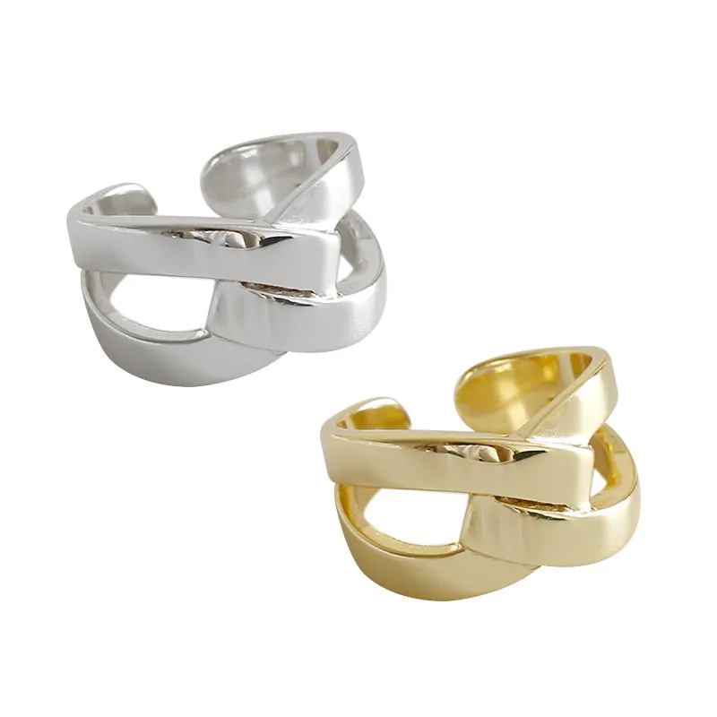X Shape Wide Cross 925 Sterling Silver Adjustable Ring