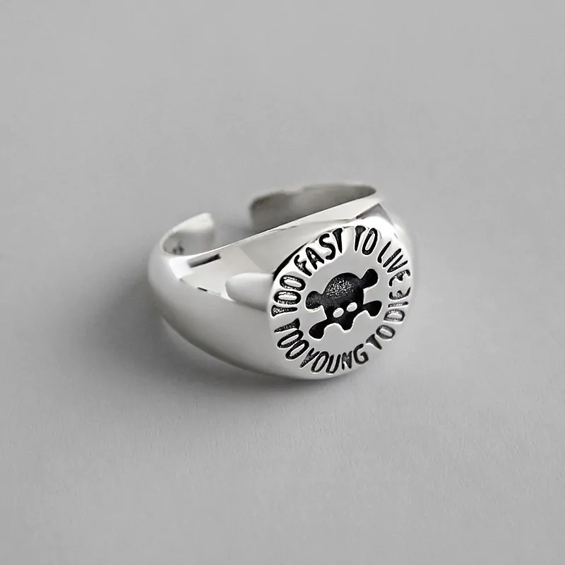 Vintage Skull Head Too fast to live too young to die Letters 925 Sterling Silver Adjustable Ring - Image 5