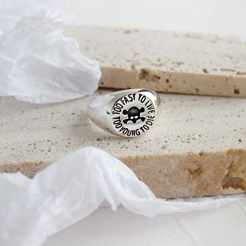 Vintage Skull Head Too fast to live too young to die Letters 925 Sterling Silver Adjustable Ring - Image 2