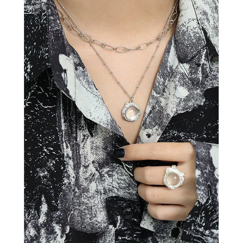 Round Natural Anemousite White Crystal Irregular 925 Sterling Silver Necklace - Image 4