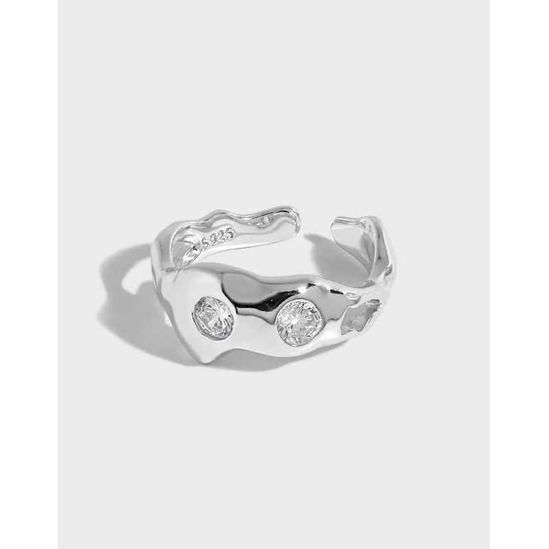 Two CZ Irregular Bones 925 Sterling Silver Adjustable Ring - Image 3