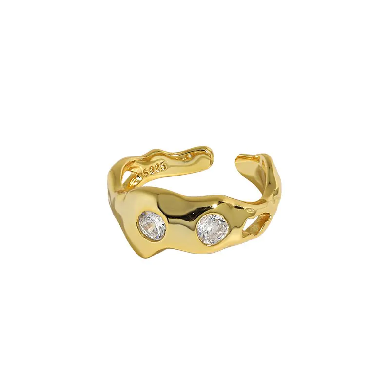 Two CZ Irregular Bones 925 Sterling Silver Adjustable Ring