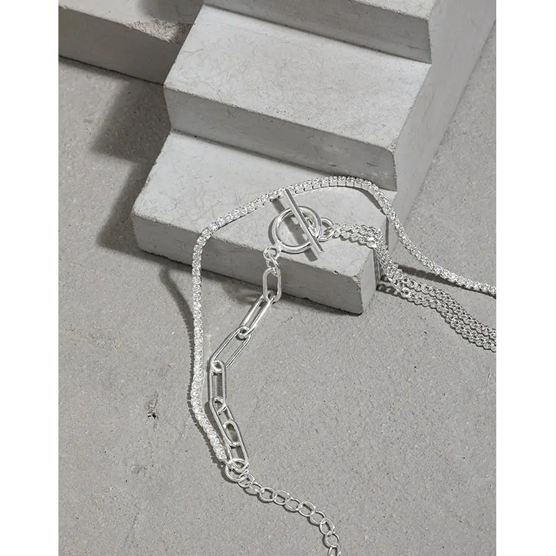 Asymmetric Double Layer Hollow Chain CZ OT 925 Sterling Silver Bracelet - Image 2