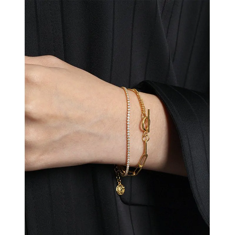 Asymmetric Double Layer Hollow Chain CZ OT 925 Sterling Silver Bracelet - Image 4