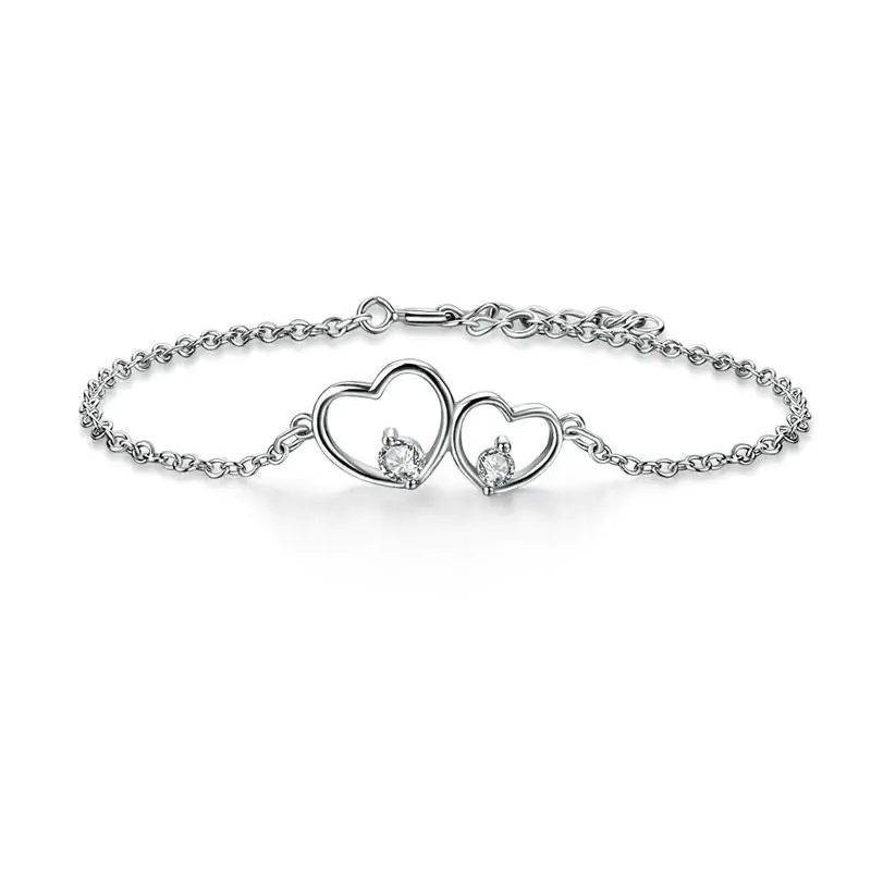 Solid Sterling Silver Bracelet Double Heart