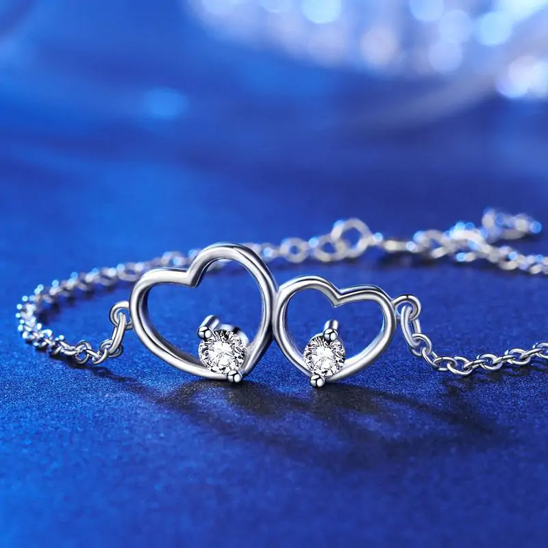 Solid Sterling Silver Bracelet Double Heart - Image 3