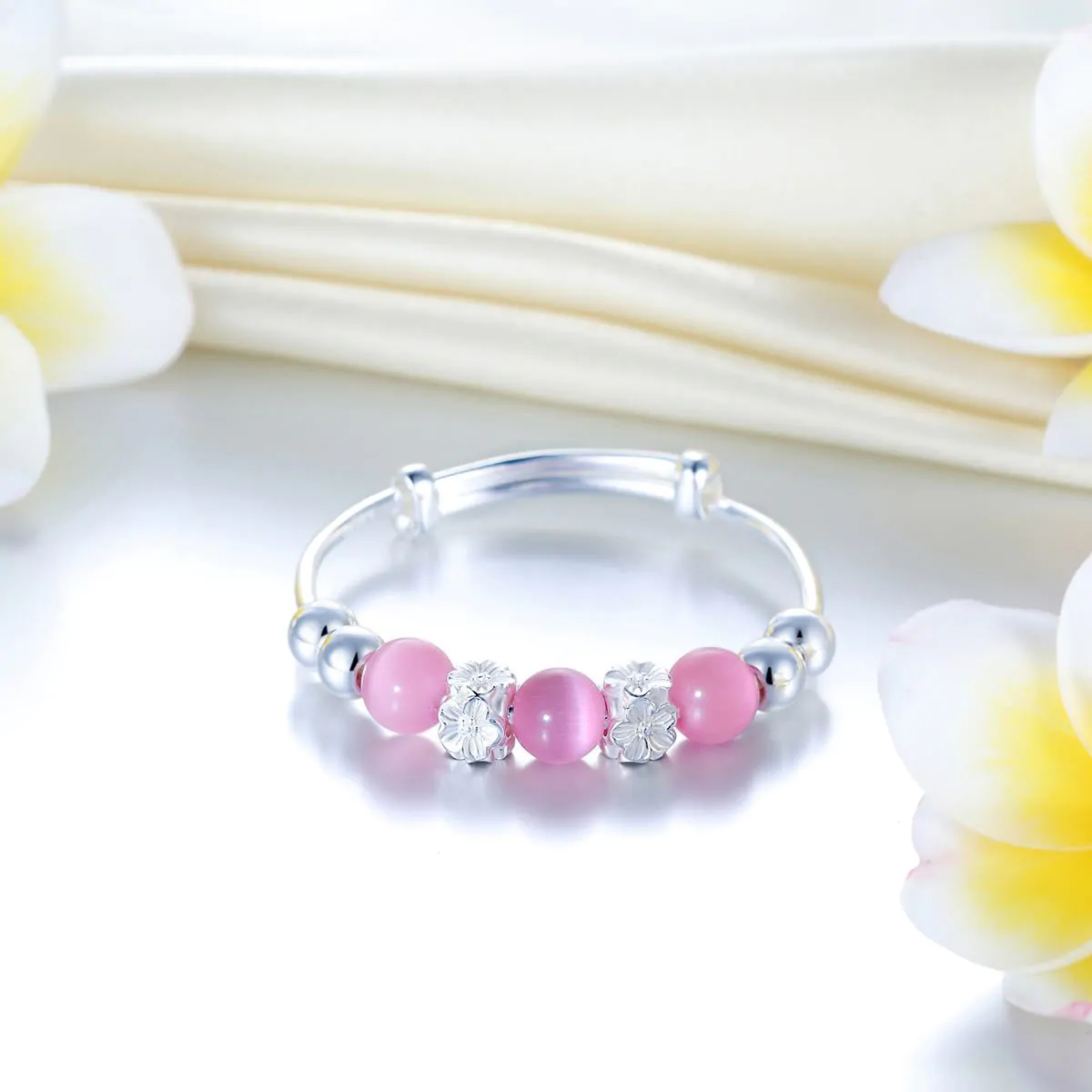 Newborn Baby 999 Silver Pink Cat Eye Stone Bangle - Image 2