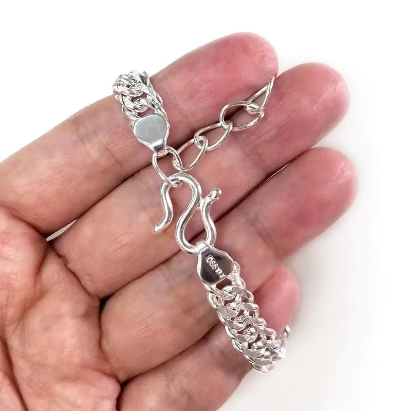 Adjustable Men's Silver Bracelet 1 cm Width 990 Pure Silver Cuban Link Chain - Image 3