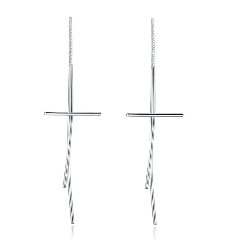 Dangle Drop Cross Sterling Silver Earrings