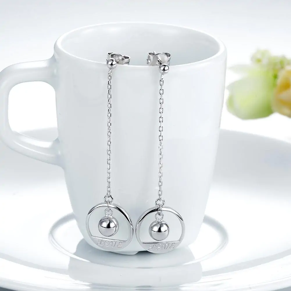 Solid 925 Sterling Silver Long Drop Dangle Love Earrings - Image 5