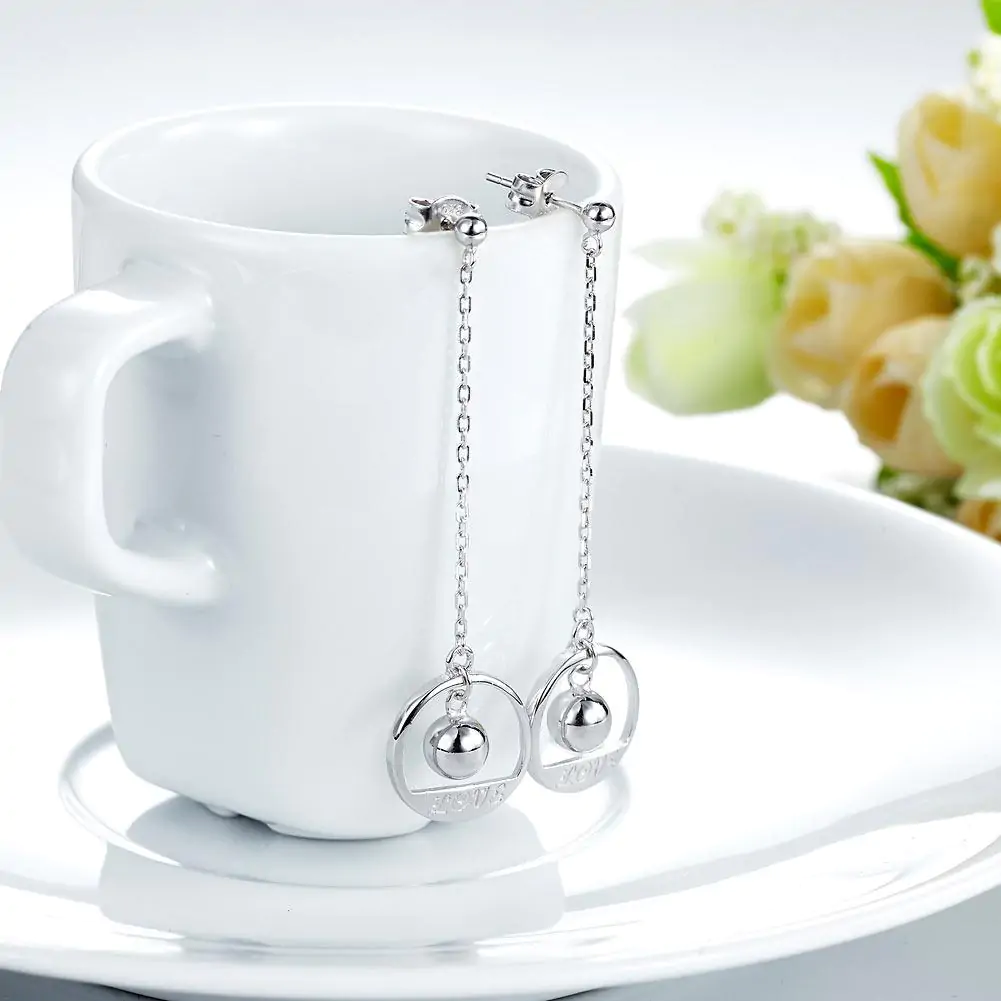 Solid 925 Sterling Silver Long Drop Dangle Love Earrings - Image 2