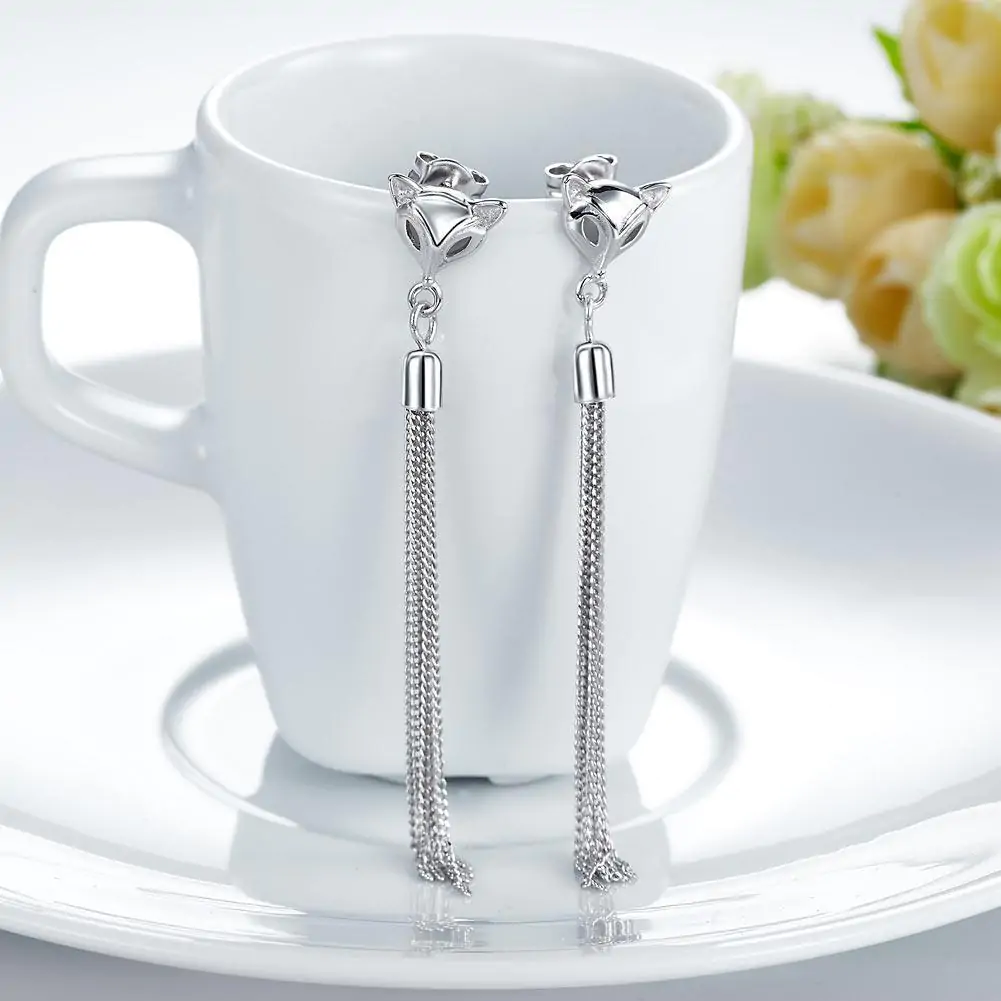 Sterling Silver Earrings Dangle Drop Fox - Image 2