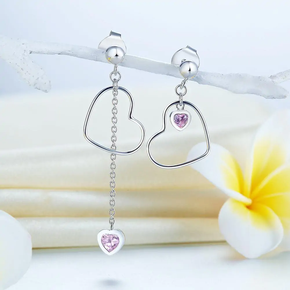 Dangle Drop Pink Heart Earrings - Image 4