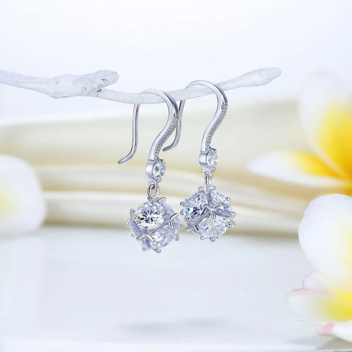 Sterling Silver Earrings Cube Created Diamond - Image 2