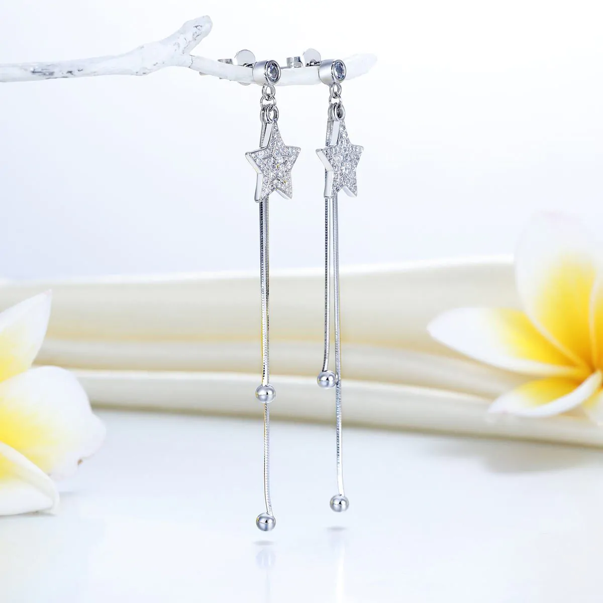 Sterling Silver Star Created Diamond Earrings - Image 2
