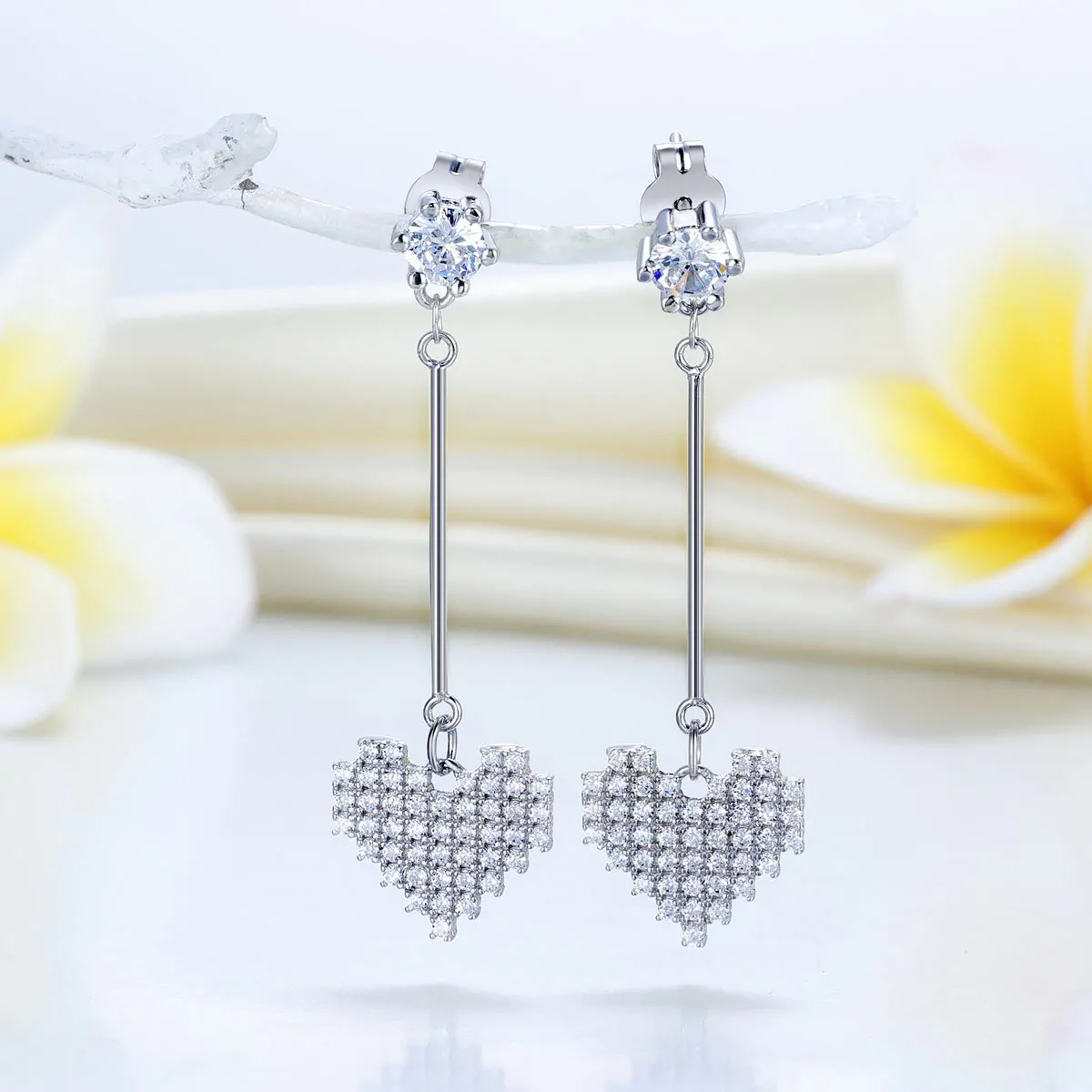 Dangle Heart Solid Sterling Silver Earrings - Image 2