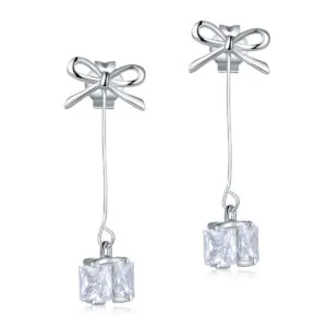 Silver Bowknot Earrings Dangle Drop