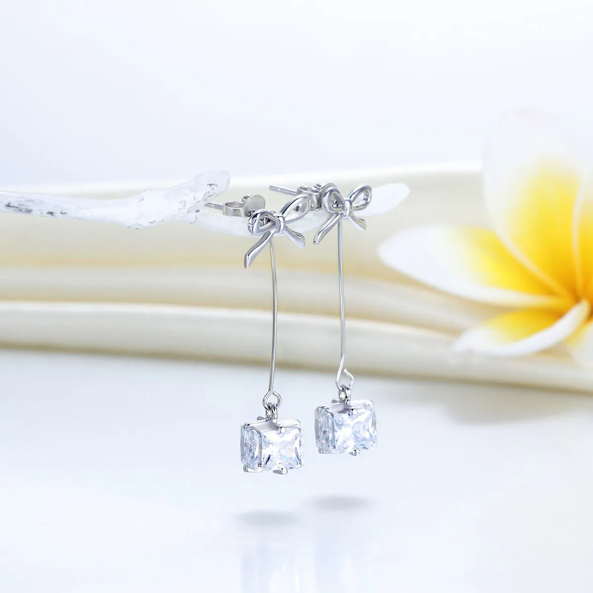 Silver Bowknot Earrings Dangle Drop - Image 2