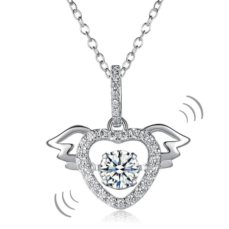 Heart Angel Wing Dancing Stone Pendant Necklace