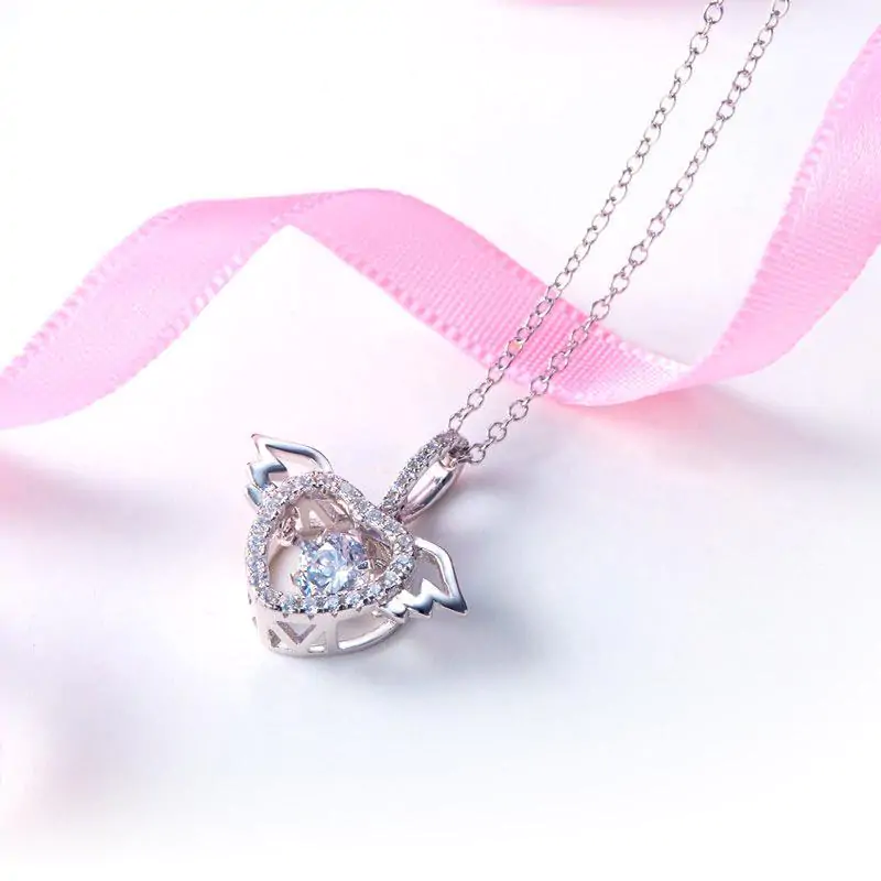 Heart Angel Wing Dancing Stone Pendant Necklace - Image 3