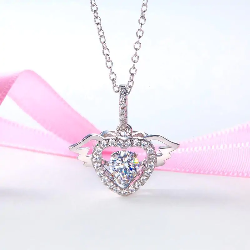 Heart Angel Wing Dancing Stone Pendant Necklace - Image 4