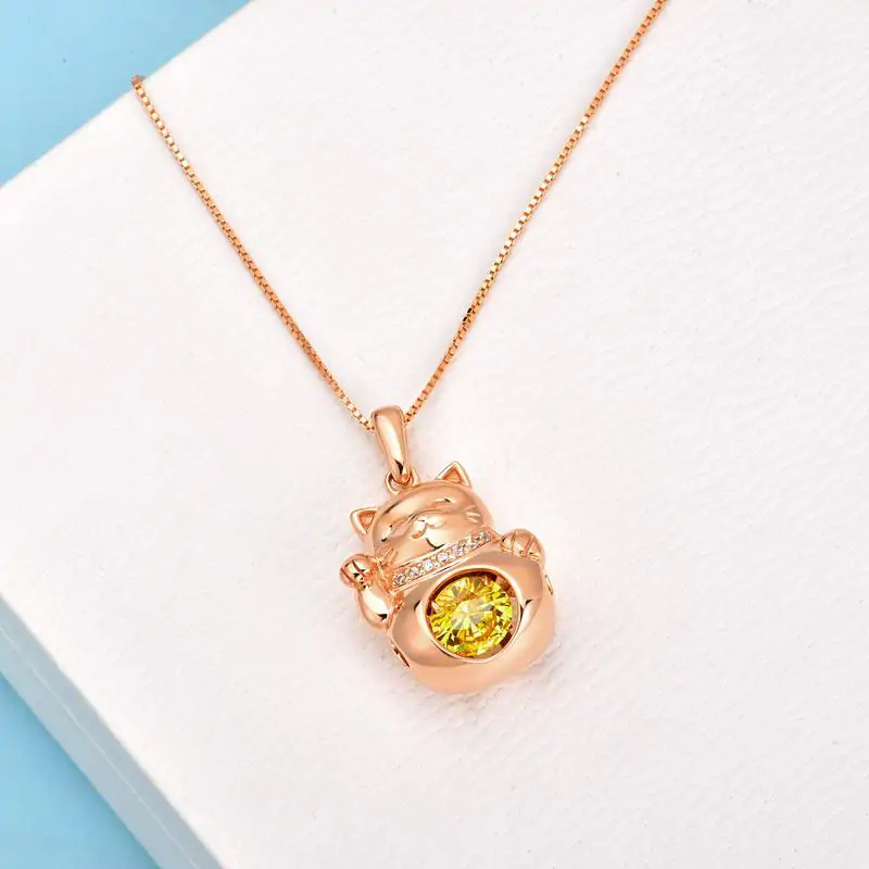 Lucky Cat Dancing Stone Pendant Necklace Rose Gold Plated - Image 4