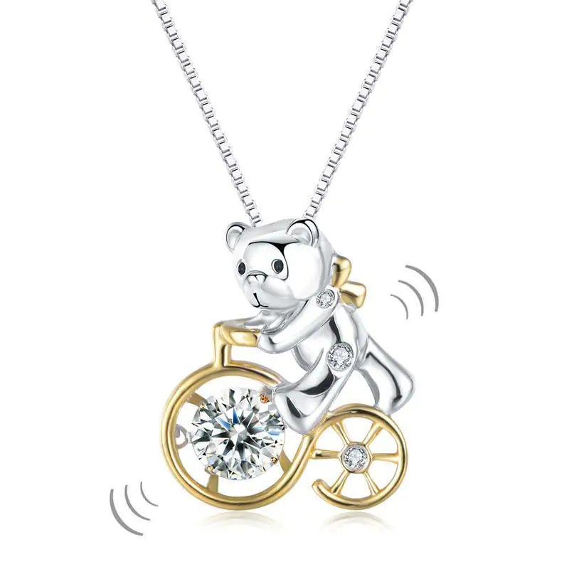 Bear Ride Bicycle Dancing Stone Pendant Necklace