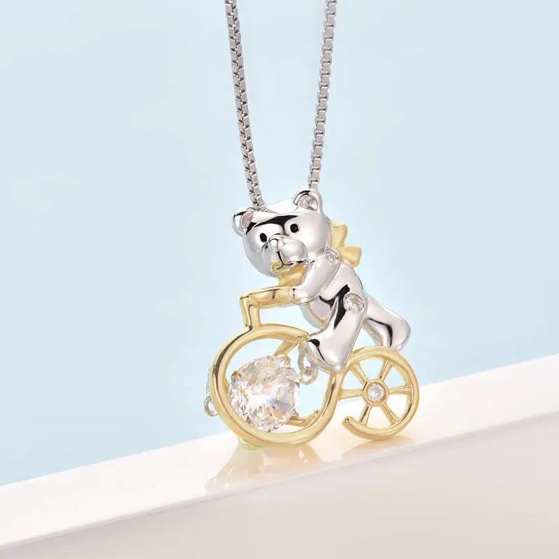 Bear Ride Bicycle Dancing Stone Pendant Necklace - Image 5