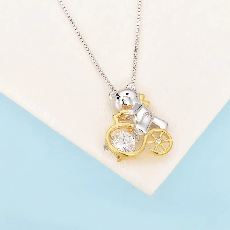 Bear Ride Bicycle Dancing Stone Pendant Necklace - Image 6