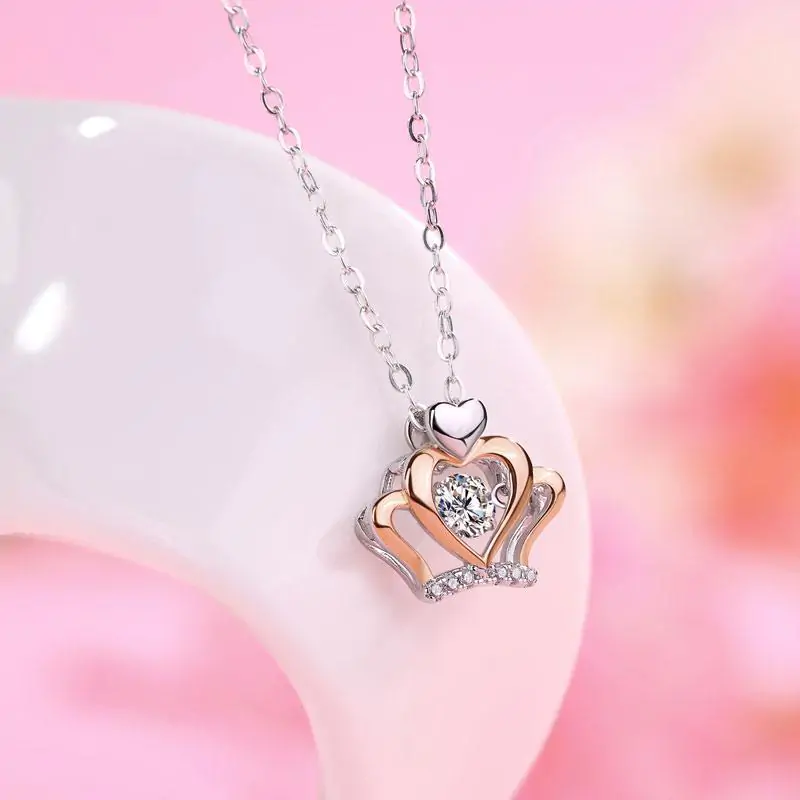 0.3 Carat Moissanite Diamond Dancing Stone Heart Crown Necklace - Image 3