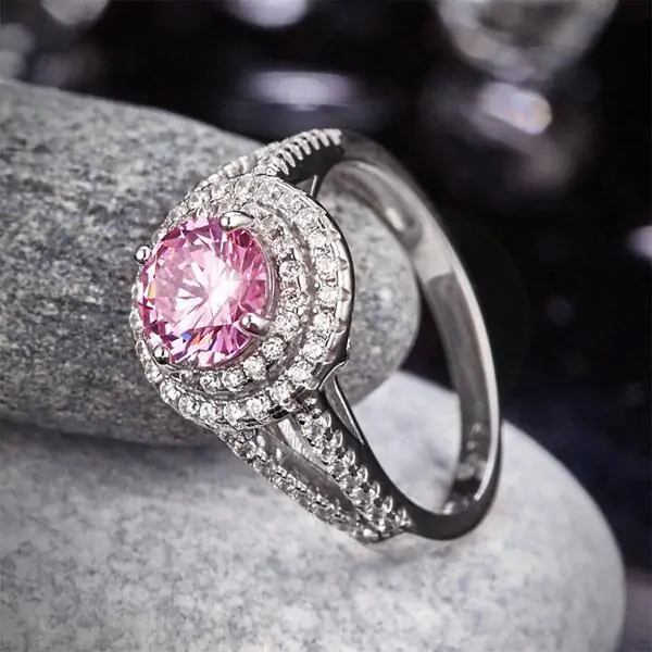 Double Halo 1.25 Ct Pink Created Diamond Ring - Image 7