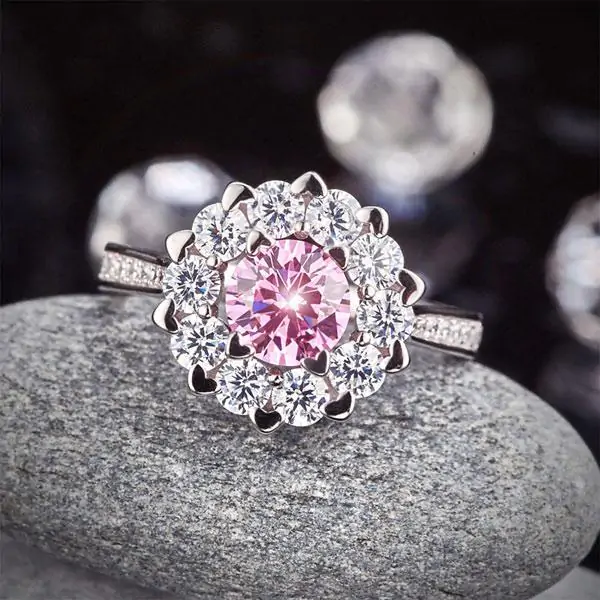 Snowflake 925 Sterling Silver Pink Created Diamond Ring - Image 6
